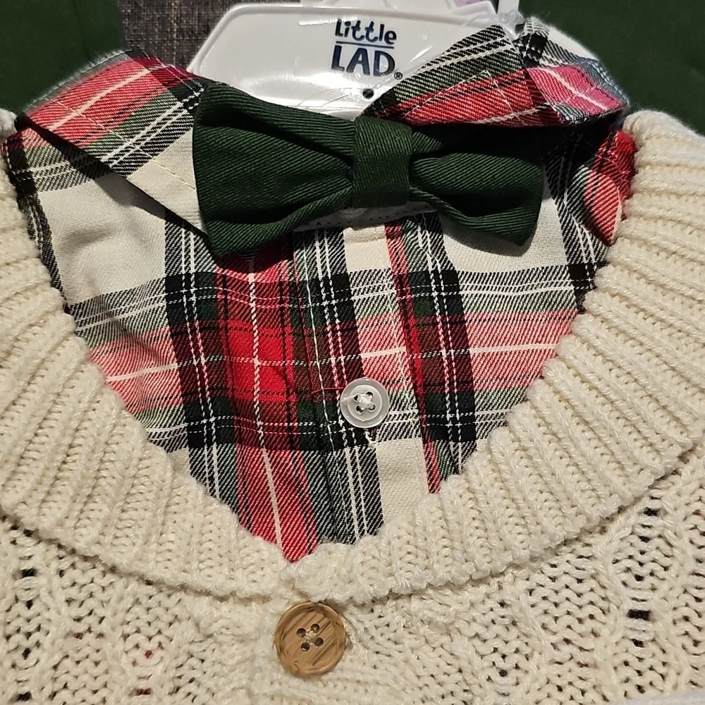 NWT 3 Piece Plaid Shirt Cream Sweater Green Pants Set Tie Little Lad Boy Toddler